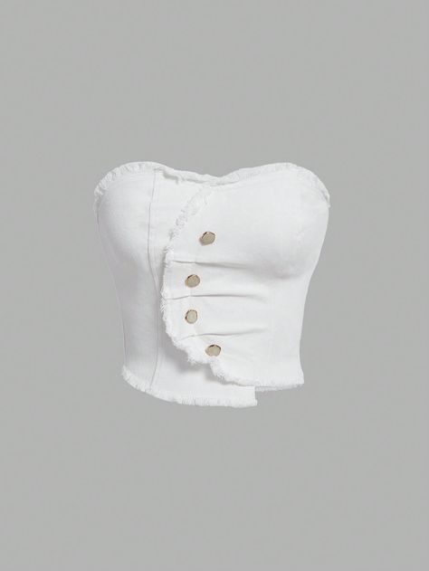 SHEIN MOD Women's Asymmetrical Hem Denim Strapless White Button-Embellished Bodice TopI discovered amazing products on SHEIN.com, come check them out! Y2k Street Style, Neat Casual Outfits, Girls Dress Outfits, Fashion Top Outfits, Bodice Top, Stage Outfits, Lookbook Outfits, Teen Fashion Outfits, Asymmetrical Hem