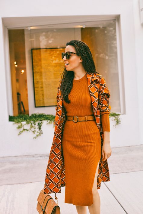 Burnt Orange…read on: www.AnaFlorentina.com Miami Blogger Burnt Sienna Outfit, Orange Dresses Outfit, Burnt Orange Clothing, Rust Dress Outfit, Burnt Orange Dress Outfit Fall, Autumn Outfits Orange, Orange Style, Neon Orange Outfit, Orange Dress Outfit Casual