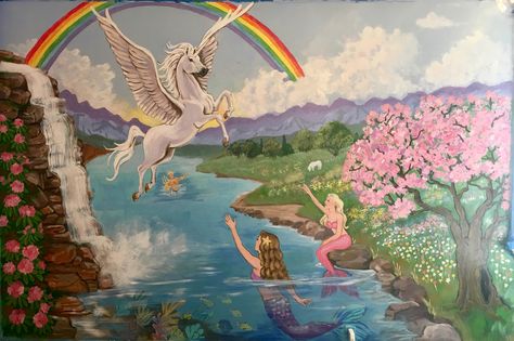 Mermaid and Unicorn mural painted on bedroom wall by Kathryn Fales. Fantasy Wall Murals Painted, Mermaid And Unicorn Bedroom, Dollhouse Flip, Mermaid Mural, Unicorn Mural, Unicorn Wall Mural, Mermaid And Unicorn, Mythical Art, Mural Art Design