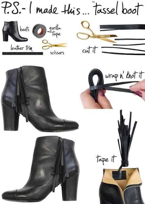 Diy Sac Pochette, Shoe Refashion, Cowboy Jacket, Diy Fashion Projects, Shoe Decorations, Ibiza Style, Diy Tassel, Boot Straps, Fringe Boots