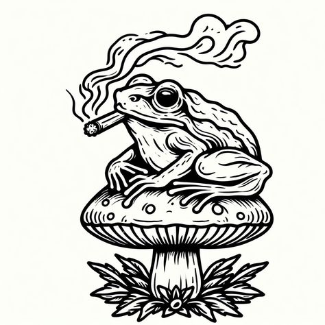 Frog On A Mushroom Drawing, Toad On A Mushroom, Drawing Ideas Frogs, Tatto Old Scold, Frog On A Mushroom, Frog On Mushroom, Gotik Tattoo, Skull Tattoo Flowers, Optical Illusion Tattoos