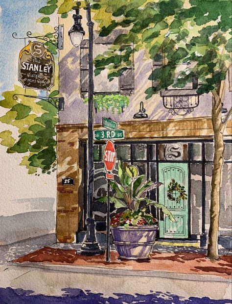 Watercolor Scenery Painting, Landscape Design Drawings, Artwork Watercolor, Watercolor Architecture, Small Canvas Paintings, Architecture Drawing Art, Charcoal Drawings, Ink And Watercolor, Building Art