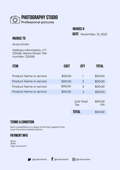 Simple Professional Pictures Photography Studio Invoice Photography Invoice, Invoice Example, Invoice Design Template, Celestial Sphere, Invoice Design, Pictures Photography, Invoice Template, Professional Pictures, Photography Logos