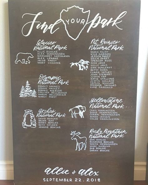 National Park Wedding Theme, Calligraphy Chalkboard, Wedding Table Placement, Wedding Seating Chart Display, Tree Types, Wedding Sign Decor, Summer Camp Wedding, Handlettering Calligraphy, Forest Theme Wedding