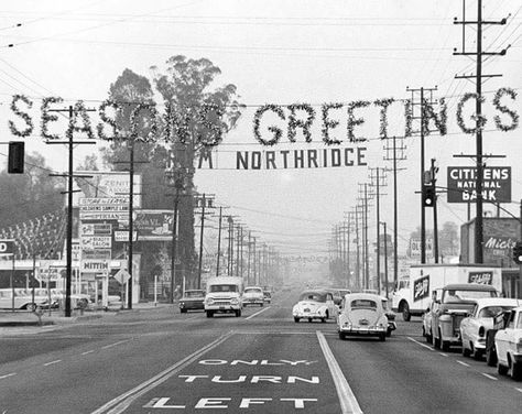 Christmas decorations hang along Reseda Boulevard at Roscoe Boulevard in Northridge on December 17, 1962. Source: LAPL Ca History, Ghost Of Christmas Past, Canoga Park, Valley Girl, California History, Mormon Temple, San Fernando Valley, Vintage Los Angeles, Mid Century Christmas