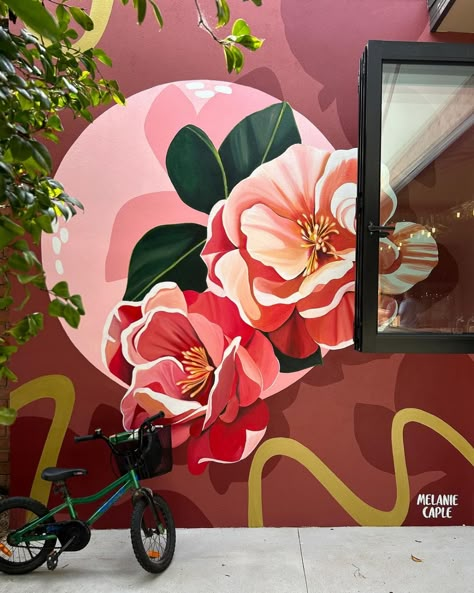 Melanie Caple (@melanie_caple) • Instagram photos and videos Cafe Wall Art Murals Garden, Cottage Core Mural Paint, Floral Mural Painting, Flower Mural Outdoor, Floral Murals On Buildings, Cottage Facade, Whimsical Flower Wall Mural, Studio Mural, Botanical Mural