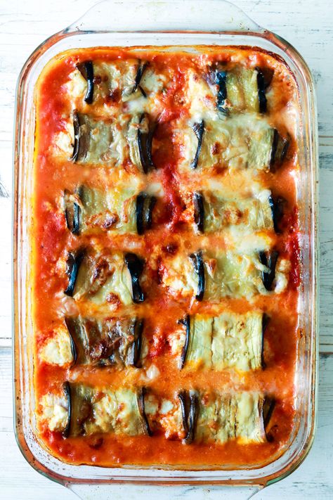 Italian-Eggplant-and-Ricotta-Involtini-rolls-baked Egg Plant Roll Ups, Eggplant Roll Ups, Italian Eggplant, Eggplant Stuffed, Eggplant Rolls, Eggplant Rollatini, Ricotta Filling, Tomato Basil Sauce, Eggplant Dishes