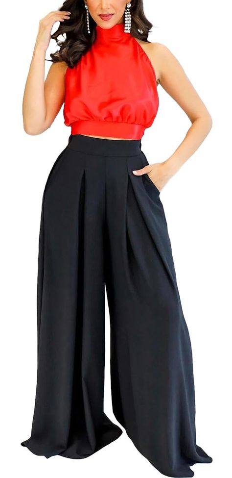 PRICES MAY VARY. 100% Polyester Imported Elastic closure Machine Wash ❤ MATERIAL: Polyester + Spandex. Womens Palazzo Pants made of stretchy fabric with a drapey feel. ❤ FEATURE: High waist wide leg trousers, floor length, boho printed, tie dye printed, letter printed, paperbag waist, side pockets, flare pants, loose flowy long pants. ❤ MATCH: Casual flare pants perfect for all seasons. You can wear it with a T-shirt/ shirt/ tank top/ crop top and so on, a must have piece in your wardrobe. ❤ OCC Palazzo Pants Wedding Guest, Diva Style Outfits, Palazzo Pants Outfit For Wedding Guest, Palazzo Pants And Top Outfit, Chic Black Wide Leg Pants For Vacation, Chic Black Wide Leg Pants For Beach, Black Wide Leg Pants With Tie Waist, Loosely Fitted Black Wide Leg Pants, Palazzo Trouser And Top