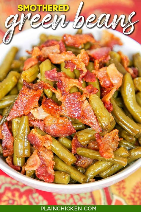 Smothered Green Beans - canned green beans baked in bacon, brown sugar, butter, soy sauce, and garlic. This is the most requested green bean recipe in our house. Everybody gets seconds. SO good!! Great for a potluck. Everyone asks for the recipe! Super easy to make. Green Beans And Bacon, Beans And Bacon, Smothered Green Beans, Beans Baked, Baked Green Beans, Beans With Bacon, Green Beans With Bacon, Easter Side Dishes, Bean Recipe