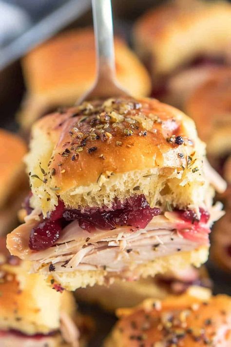 Close-up of a Leftover Turkey Slider held by a fork, showcasing tender turkey, cranberry sauce, and a golden sweet roll topped with a flavorful buttery garlic and herb drizzle. Leftover Turkey Sliders, Weekend Dinner Ideas, Saturday Night Dinner Ideas, Saturday Dinner Ideas, Easy Weekend Dinners, Leftover Turkey Curry, Turkey Lunch Meat, Saturday Dinner, Turkey Curry