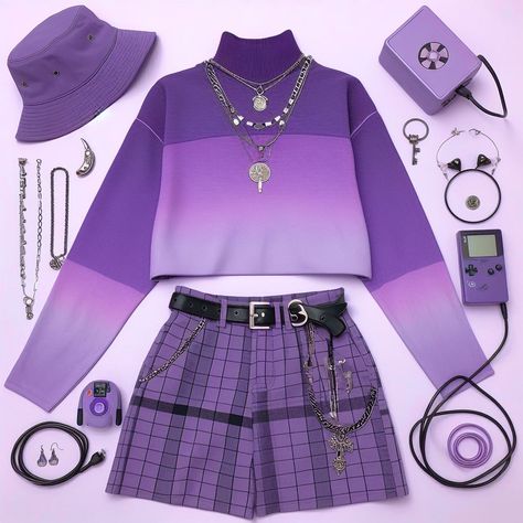 Purple Kidcore Outfit, Purple And Black Outfits Casual, Bright Purple Outfit, Pastel Alt Outfits, Purple Bag Outfit, Purple Clothes Aesthetic, Purple Bags Outfit, Gamer Girl Outfit, Kidcore Outfit