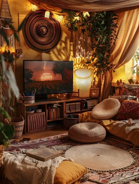 35 Unmissable Bohemian Living Room Ideas - Home Made Graceful Boho Colonial, Wellness Bedroom, Rustic Bohemian Living Room, Cozy Bohemian Living Room, Boho Outdoor Decor, Hippie Living Room, Colonial Aesthetic, Earthy Cottagecore, Bohemian Style Interior Design