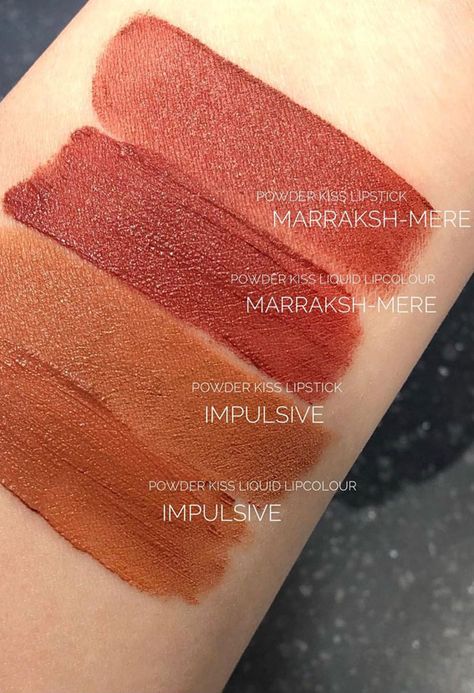 42 Mac Lipstick Swatches 2021 – Four Pretty Neutral Mac Lipsticks Mac Impulsive Lipstick, Powder Kiss Lipstick Mac, Mac Powder Kiss Lipstick Swatches, Burnt Orange Lipstick, 90s Lipstick, Mac Lipstick Colors, 90s Makeup Look, Mac Lipstick Swatches, Pale Skin Makeup