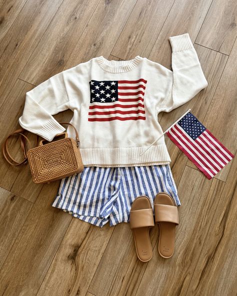 american flag sweater with blue striped boxer shorts and casual sandals. casual 4th of july outfits 4th Of July Weekend Outfits, Fourth Of July Outfits 2024, 4th Of July Outfits Beach, Americana Summer Outfit, 4 July Outfits, Easy 4th Of July Outfits, Usa Themed Outfits, Forth Of July Outfits Aesthetic, Fourth If July Outfits