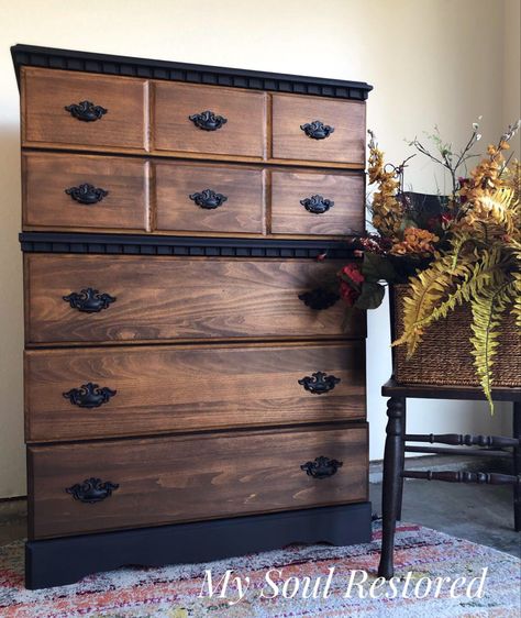 Dark Wood Drawers, Black Rustic Bedroom Furniture, Modern Farmhouse Bedroom Black Dresser, Dark Wood And Black Furniture, Dresser Black Hardware, Black Wood Dresser, Painted Dresser Stained Drawers, Black Stained Dresser, Black And Stained Dresser