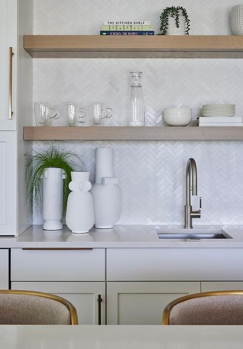 White Herringbone Backsplash Kitchen, Small Herringbone Backsplash, Herringbone Backsplash Kitchen, Herringbone Kitchen Backsplash, White Herringbone Backsplash, Brick Style Tiles, Bar Shelving, Herringbone Tile Backsplash, Herringbone Kitchen