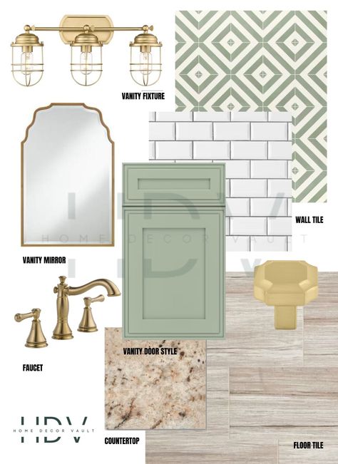 Completely transform your bathroom into a soft, coastal haven of soft greens, light wood tones, delicate lines, and fun patterns! Bring a sense of calm and character to your bathroom remodel with this design package and watch your cares melt away! Why wait to go to the coast when you can bring the feel of the coast to you? This product is an instant download that will give you immediate access to: - THE BATHROOM DESIGN BOARD listed with an option for the following: Wallpaper, vanity lighting, va Bathroom Colors With Gold Fixtures, Lowes Bathroom Remodel, Cottage Green Bathroom, Light Green Vanity Bathroom, Green Color Scheme Bathroom, Light Green And White Bathroom, Sage Green Powder Room Ideas, Brass And Green Bathroom, Muted Green Bathroom