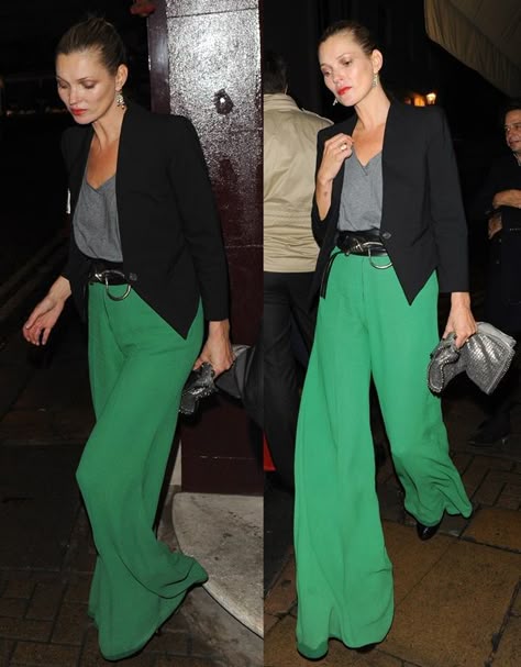 Nobody Rocks Bright Green Palazzo Pants Like Kate Moss Can Green Trousers Outfit, Palazzo Pants Outfit, Green Pants Outfit, Kate Moss Style, Green Trousers, Nicole Richie, Looks Street Style, Rosie Huntington Whiteley, Gwen Stefani