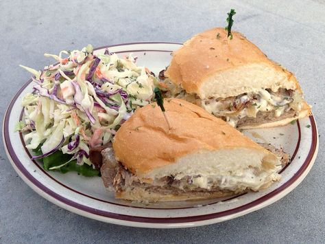 Beef Tri-Tip Sandwich — Russian River Pub (Forestville, Calif.) : It’s one of Guy’s favorite hangouts not only because of the log cabin exterior and the abundance of beer, but also because of its unexpected eats. The menu includes a northern California specialty: beef tri-tip smothered with caramelized onions and crumbled blue cheese. California Recipes, Diners Drive Ins And Dives, Tri Tip Sandwich, Dove Recipes, Beef Tri Tip, Log Cabin Exterior, Amazing Burger, Road Trip Food, California Food