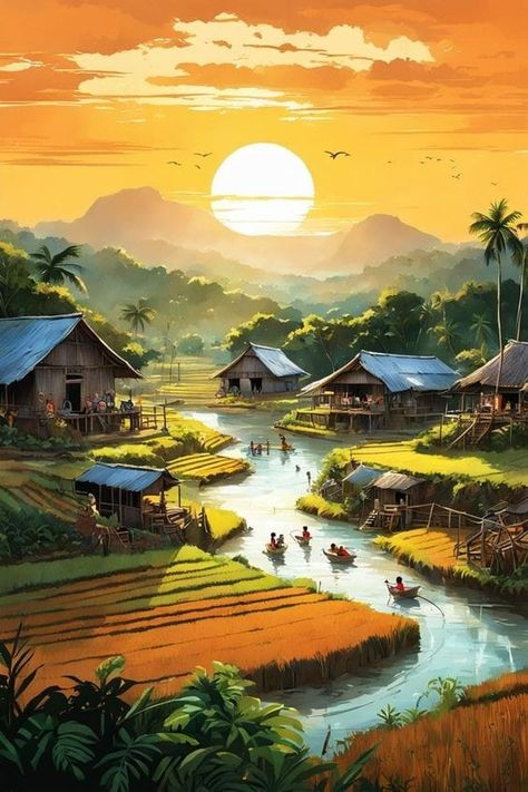 Village Drawing Landscapes, Village Scene Drawing, Village Drawing, Village Painting, Scene Drawing, Thai Culture, Village Scene, Scenery Paintings, Village Life