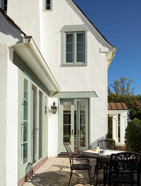 Best Sage Green Paint Colors White And Sage House Exterior, Mint Exterior House Colors, White House With Sage Trim, Sage Green Outside House Paint, Sea Sage Paint Color, Olive Green Shutters On Cream House, White House Green Trim, Sw Clary Sage Exterior, Sw Evergreen Fog Exterior