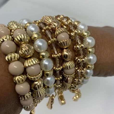 Cute Ladies Beige, Gold And Pearl Multi Strand Bracelet. Church Lady Hats, Cuff Watch, Bracelet Display, Multi Strand Bracelet, Strand Bracelet, Lovely Jewellery, Gold Pearl, Beaded Jewelry Diy, Multi Strand