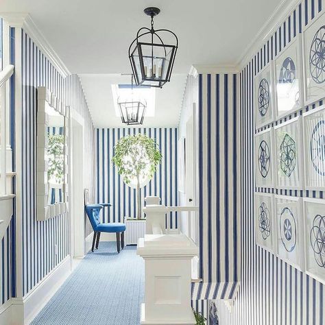 #clideahouse • Instagram photos and videos Striped Wallpaper Hallway, Beach Mirror, Hamptons Style Homes, Striped Walls, Blue White Decor, Coastal Living Rooms, Foyer Decorating, Coastal Living Room, Hamptons Style