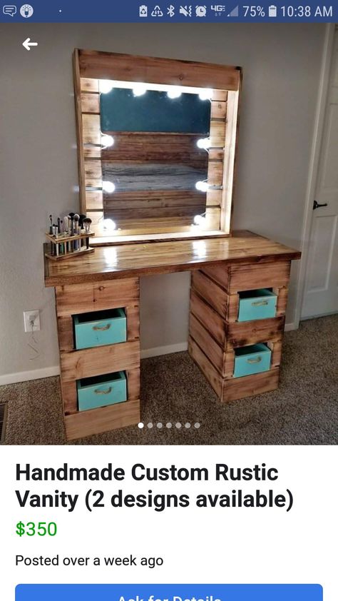 Rustic Vanity Diy, Pallet Wood Vanity, Rustic Vanity Makeup, Pallet Makeup Vanity, Rustic Vanity Ideas Bedroom, Small Makeup Vanity Ideas, Pallet Vanity Diy, Rustic Makeup Vanity Ideas, Western Vanity Ideas