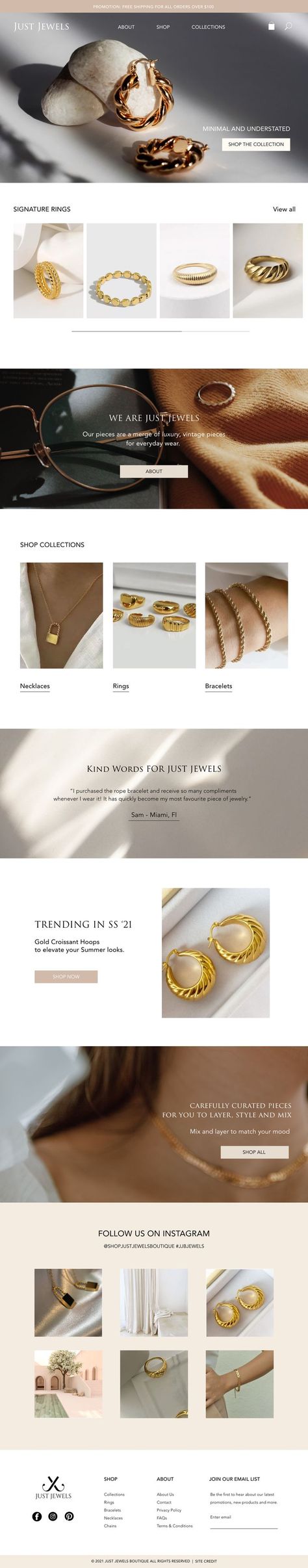 Our contemporary and clean Shopify website design and development for jewelry brand Just Jewels. All the designs were created to showcase their stunning jewelry and visually communicate how the pieces can be mixed, layered and styled by the modern woman. #jewelrywebsitedesign #jewelrybrand #jewelryshopifywebsite #shopifywebsite Jewelry Website Design, Fashion Web Design, Fashion Website Design, Luxury Website, Accessories Website, Creative Jewelry Photography, Modern Website Design, Shopify Website Design, Shopify Design