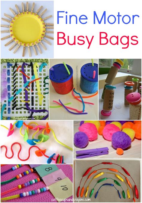 Fine Motor Busy Bags for Kids from Coffee Cups and Crayons Busy Bag Ideas, Toddler Busy Bags, Activity Bags, Quiet Time Activities, Preschool Fine Motor, Busy Boxes, Quiet Activities, Motor Skills Activities, Busy Bags