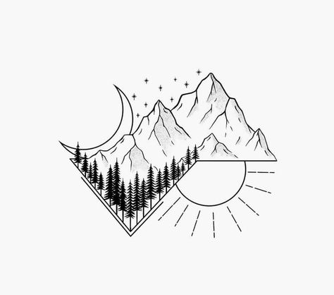 Best Friend Mountain Tattoos, Mountain Doodles Simple, Mountain Tattoo Drawing, Hiking Tattoo Ideas, Pnw Tattoo Washington, Mountain Line Tattoo, Mountains Graphic Design, Camping Tattoo Ideas, Geometric Mountain Art