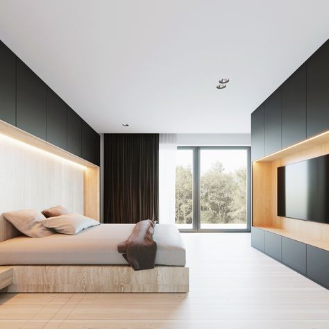 wood and black bedroom, minimalism Wood And Black Bedroom, Black Interior Bedroom, Black Bedroom Modern, Contemporary Bedroom Design, Wood And Black, Black Bedroom, Contemporary Bedroom, Black Interior, Interior Design Bedroom