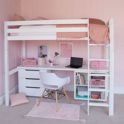 High sleeper Heaven - Bunk beds with furniture underneath | Little Folks Furniture Bed With Desk Underneath, Girls Loft Bed, White Loft Bed, Bed For Girls Room, High Sleeper Bed, Bunk Bed With Desk, High Sleeper, Storage Bookcase, Loft Bed Frame