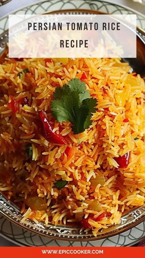 Persian Tomato Rice Recipe – Epic Cooker Persian Tomato Rice, Rice Cooker Tomato Rice, Persian Plates, Persian Rice Recipe, Jewelled Rice, Biryani Rice Recipe, Tomato Rice Recipe, Persian Dishes, Grains Recipes