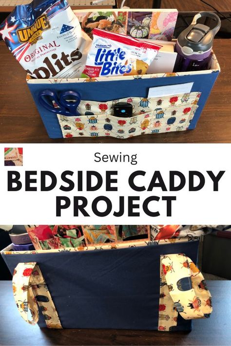 This bedside caddy is a perfect organizer for a dorm or small room. It can hang on a bed frame and keep things close at hand. Bed Caddy, Bedside Caddy, Bottle Caddy, Diy Sewing Gifts, Cheap Christmas Gifts, Sewing Stuffed Animals, Small Room, Diy Book, Star Pattern