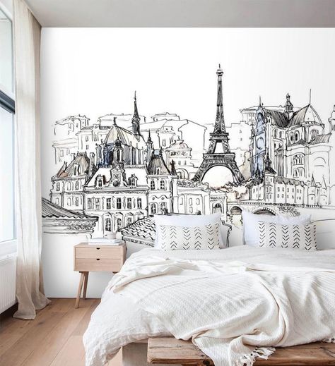 Paris Bedroom Aesthetic, Paris Themed Bedroom Decor, Eiffel Tower Wallpaper, Paris Wall Mural, Tower Wallpaper, Paris Themed Bedroom, Paris Rooms, Paris Bedroom, Tree Mural