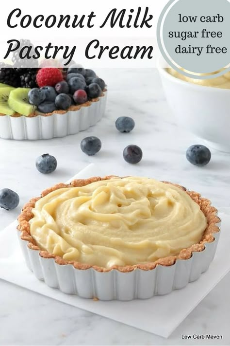 Dairy free coconut milk pastry cream is a great low carb sugar free dessert option and also suitable for keto paleo diets. Coconut Pastry Cream, Coconut Pastry, Sugar Free Pastries, Brownies Caramel, Dairy Free Keto, Pudding Chia, Dairy Free Low Carb, Low Carb Maven, Keto Friendly Desserts