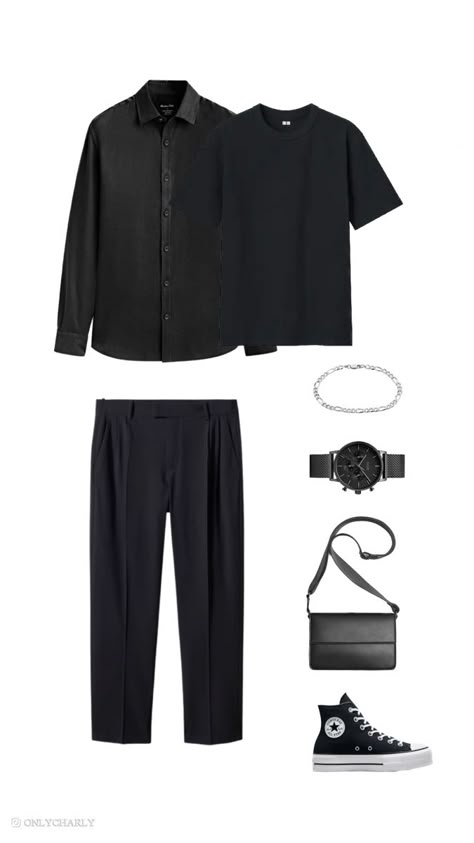 Menswear Aesthetic Full Black Ideas Inspiration Mango Man Men Converse Linen Shirt AllBlack Mensfashion Fashion Menstyle Style Black Outfits Men Casual, All Black Comfy Outfit Men, Casual Black Relaxed Fit Polo Shirt, Black Relaxed Fit Casual Polo Shirt, Black Smart Casual Men’s Outfit, Men’s Black Dress Shirt Outfit, Black Outfits Men, Full Black Outfit Men, Black Menswear