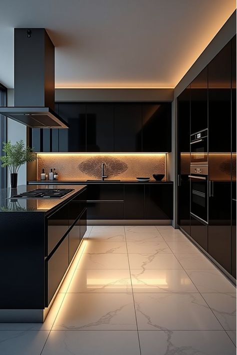 Black Home Interior Aesthetic, Sleek Black Kitchen, Kitchen Set Up Ideas, Modern Kitchens With Islands, Ultra Modern Interior Design, Black Contemporary House, Kitchen Interior Black, Kitchen Design Dark, Grey And Black Kitchen