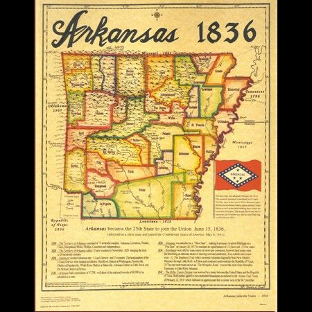 Arkansas became the 25th state to join the Union on June 15, 1836.  This 1836 map, showing the 35 counties, was reproduced in Thermocolor on Parchtone paper, from the Fletcher-Boeselt Collection.  12" x 16 Batesville Arkansas, Map Of Arkansas, Arkansas Map, Arkansas Travel, City Block, Arkansas State, Fort Smith, Museum Store, Family Roots