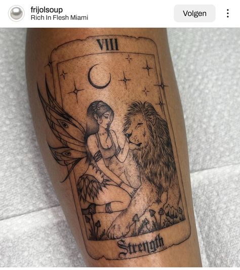 Tarot Card Strength, Small Leo Tattoo, Front Thigh Tattoos, Leo Zodiac Tattoos, Strength Tarot, Tarot Tattoo, Tarot Card Tattoo, Leo Tattoos, Strength Tattoo