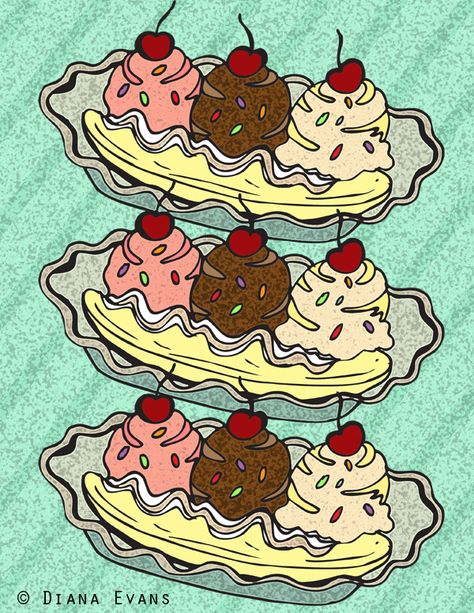 banana splits Banana Split Tattoo, Banana Split Drawing, Happy Family Day, Food Watercolor, Ice Cream Illustration, Banana Splits, All About Family, Tasty Desserts, Imagination Station