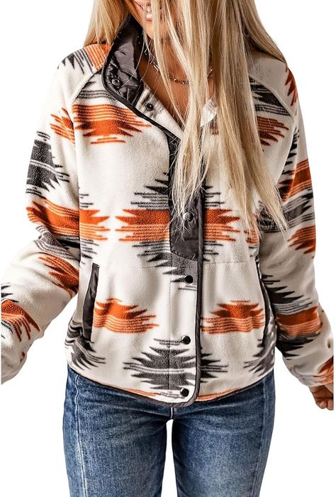 SELINK Womens Fleece Jacket Western Aztec Print Long Sleeve Snap Button Down Shacket Jackets with Pockets - fall jackets Celana Kargo, Western Aztec, Stand Collar Jackets, Fleece Jacket Womens, Grey Prints, Fleece Coat, Printed Cardigan, Womens Fleece, Country Outfits