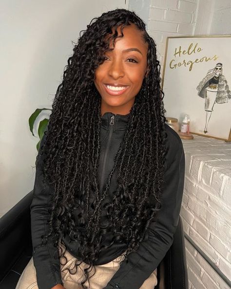 Goddess Faux Locs With Curls, Human Hair Goddess Locs, Large Boho Locs, Messy Boho Locs, Thick Boho Locs, Locs With Curls At The End, Jah Locs, Braid Hair Dos, Crotchet Faux Locs Boho