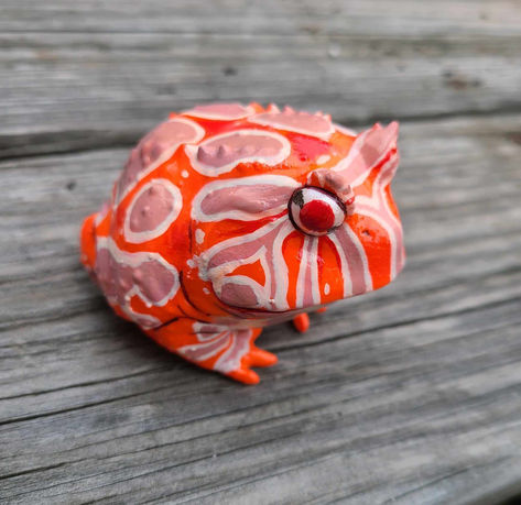 strawberry morph pacman frog resin figure on a wood table Pacman Frog, Desk Pet, Cute Desk, Animal Sculptures, Pineapple, Hand Painted, Desk, Sculpture, Pet