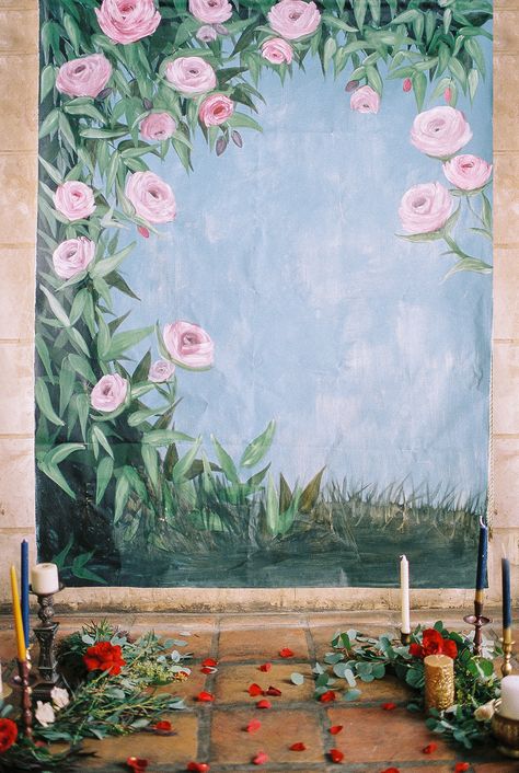 Custom Wedding Backdrop || Hand-painted Floral Backdrop || Beauty and the Beast Inspired Wedding || Inside Weddings || By Brittany Branson || www.bybrittanybranson.com Wedding Mural Backdrop, Painted Wedding Backdrop, Live Wedding Painter, Wedding Painter, Painted Backdrops, Inside Weddings, Wedding Backdrops, 2025 Wedding, Hand Painted Wedding