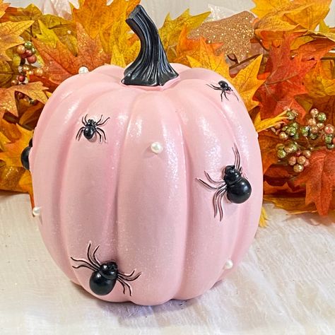 Brand New Halloween Faux Pearl Spider Pink Pumpkin Figurine Resin Tabletop 9.5" Adorable Pink Resin Pumpkin For Your Halloween Decor. It's A Beautiful Pastel Pink With Faux Pearl And Black Spiders. Measures Approx 9.5" Tall. Pink And Blue Halloween Decor, Pink Halloween Bedroom Decor, Light Pink Halloween Aesthetic, Cute Pink Halloween Decor, Pink Outdoor Halloween Decor, Black Cat Painted Pumpkin, Pink Halloween Home Decor, Girlie Halloween Decor, Coquette Halloween Decor