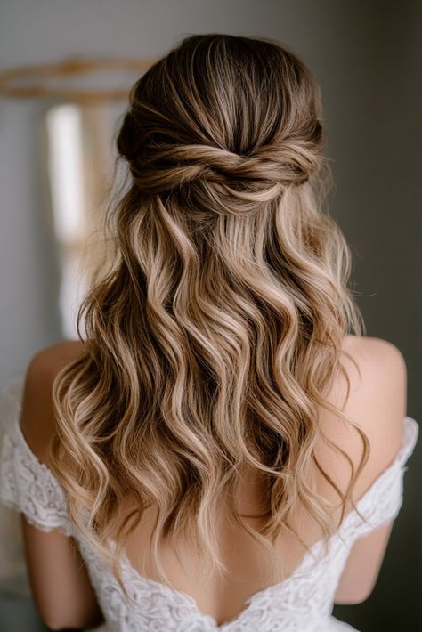 Simple Wavy Bridal Hair, Bridal Wedding Hair Half Up Half Down, Bridal Hair Medium Length Waves, Boho Bride Hair Half Up, Half Up Half Down Wedding Hair Medium Length Blonde, Hair Pieces For Wedding Half Up, Boho Half Up Wedding Hair, Wedding Hairstyles Half Up Half Down Thick Hair, Half Up Half Down Wedding Hair Casual