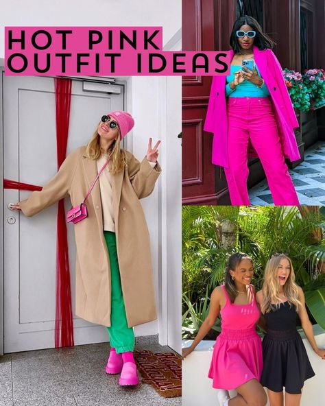 27 Hot Pink Outfit Ideas To Brighten Up Your Style - ljanestyle Outfits With Hot Pink Shoes, Hot Pink Color Combinations, Hot Pink Bag Outfit, Hot Pink Outfit Ideas, Dusty Pink Outfits, Skirt With Tights Outfit, Pink Bags Outfit, Capsule Clothing, Pink Outfit Ideas