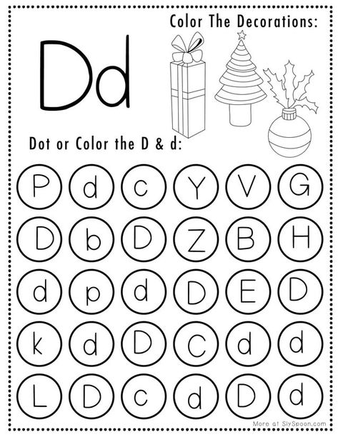 Letter Dot Printables Free, Letter D Coloring Pages Free Printables, Letter D Free Printable Worksheets, Letter D Dot Worksheet, Letter D Coloring Page, Christmas Dot Marker Printables Free, Preschool Christmas Worksheets, Christmas Worksheets Kindergarten, Letter D Worksheet